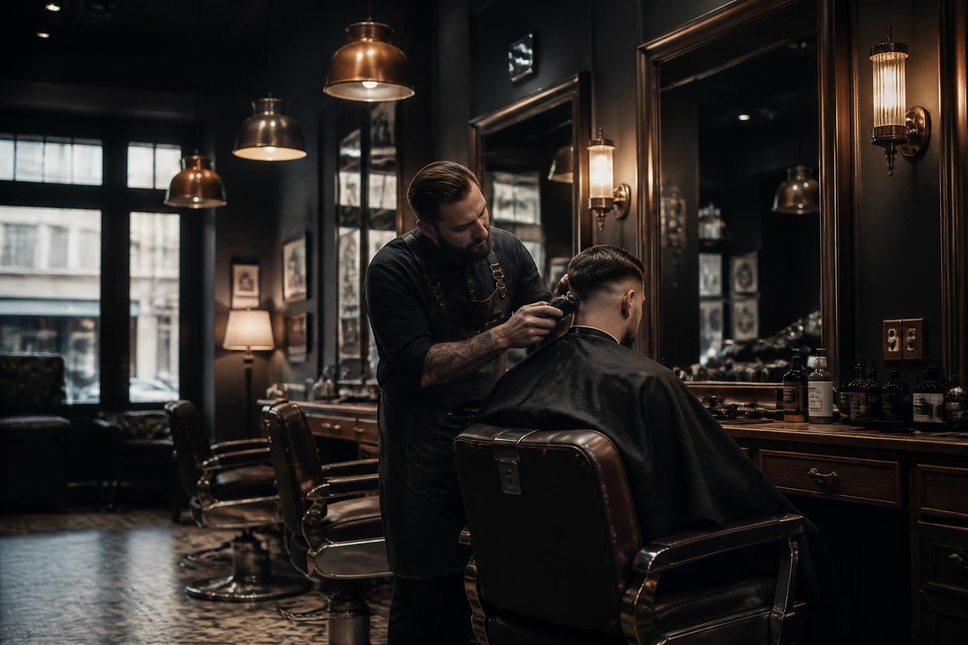 Master barber at Apex Barber Studio fading a client's hair in a vintage leather chair under bronze pendant lights